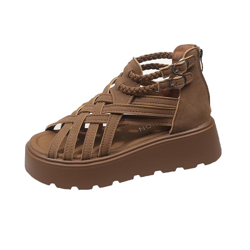 

Platform Roman Sandals Summer New French Round Toe Open Toe Cutout Breathable Rear Zip Bag Heel Anti-Slide Heel Shoes 39 хакі