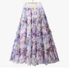 Women's High Waist Midi Skirt A-Line Floral Print Mesh Chiffon Casual Skirt