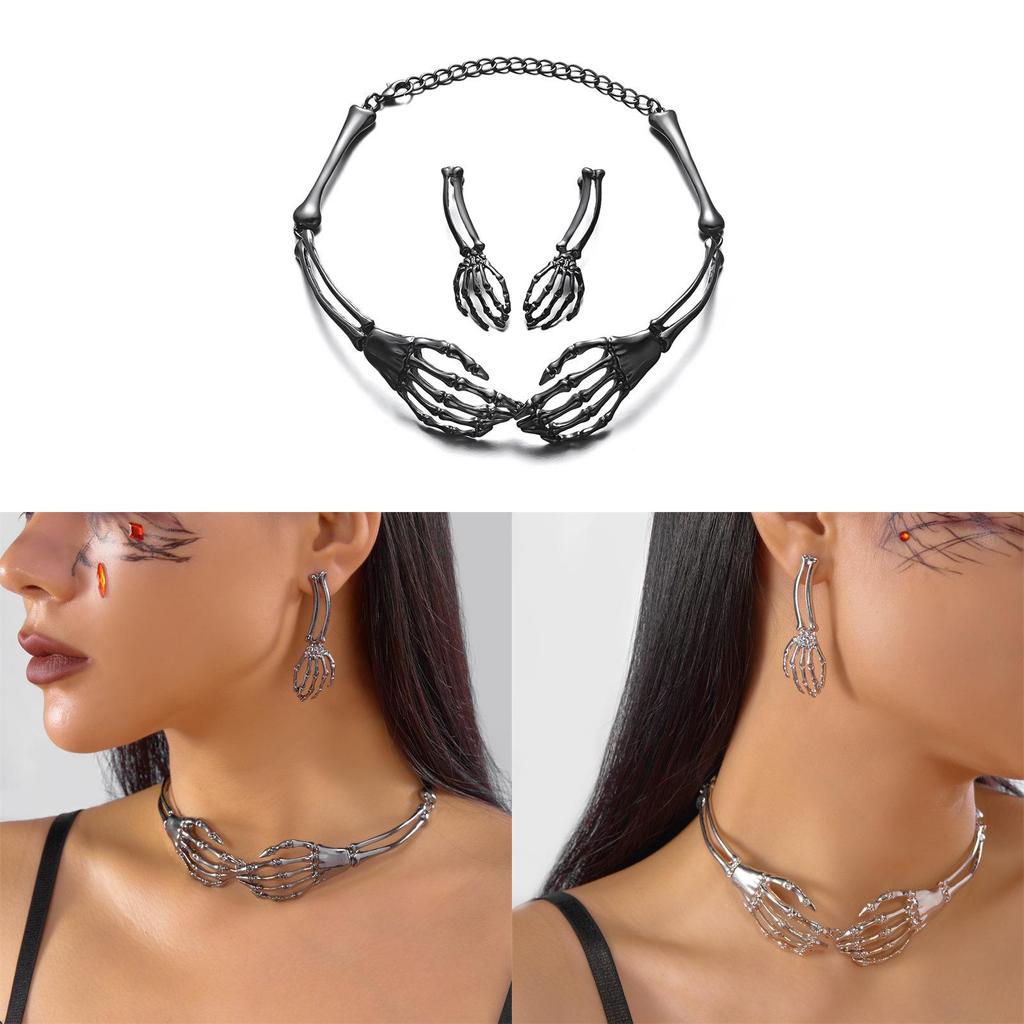 Gothic Skull Necklace Earrings Set With Alloy Pendant For Halloween Costume Accessories