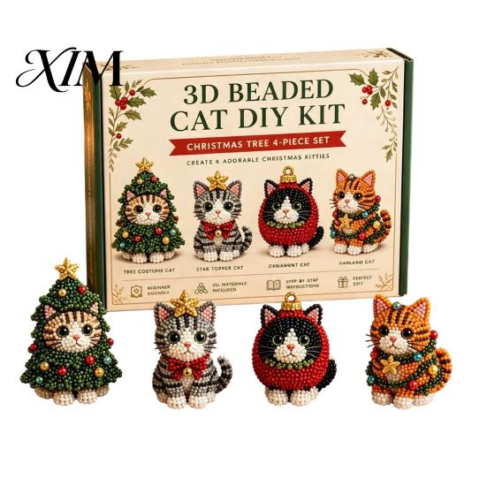 Festliches Feiertagsgeschenk 3D Perlen-Bastelset, Lebensechtes Weihnachtstier-Perlenbastelset, Partygeschenk Handgemachtes Einfaches Stickset für Kinder und Erwachsene Katze