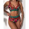 Women's Tropical Leopard Print V-Neck & High Waist Two-Piece Bikini Swimsuit