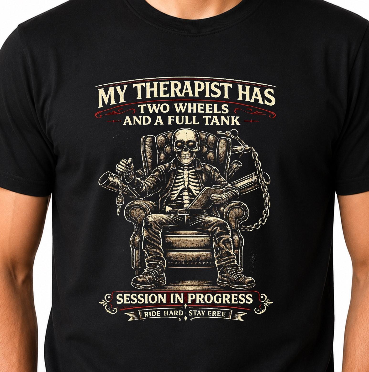 Skull Biker T-Shirt My Therapist Has Two Wheels Motorcycle Funny Vintage Tee. L