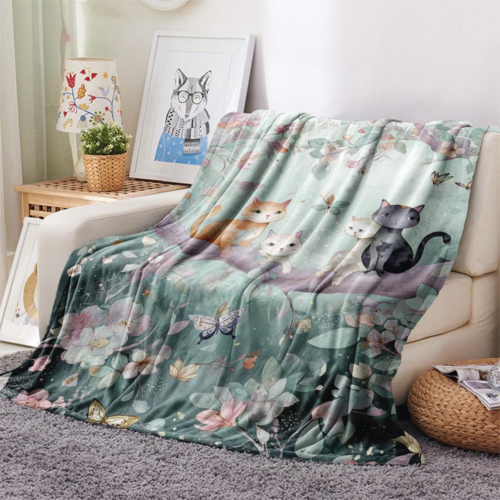 Butterfly Cat on a Branch  Print Flannel Blanket, High quality Comfortable for All Seasons, Home Decor, Warmth and Comfort