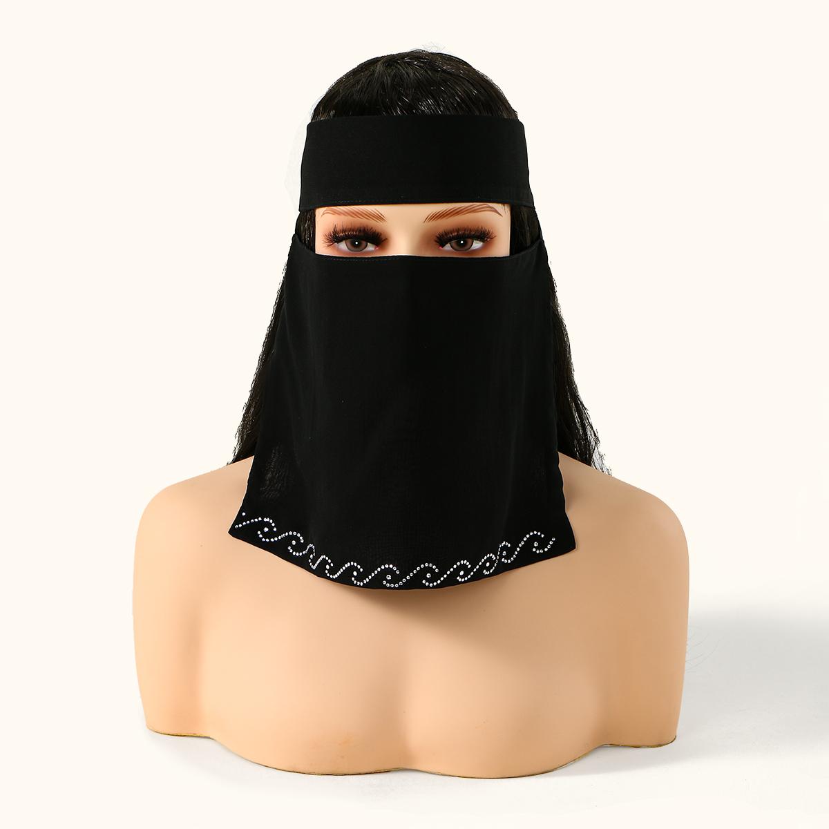 

Rhinestone Black Chiffon Niqab Muslim Face Cover Hijab Islamic Scarf Women Prayer One Layer Breathable Headcover Headwrap