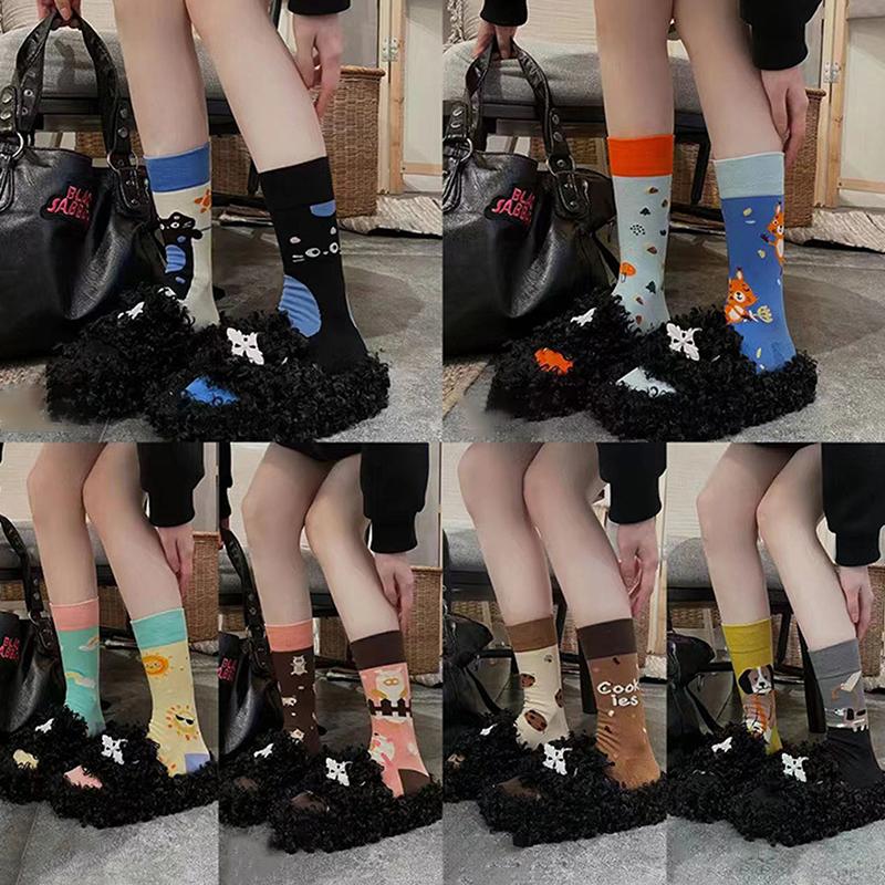 Asymmetric Autumn Winter Women Socks Funny Cute Cartoon Cat Embroidery Animal Ab Interesting Mid Tube Socks