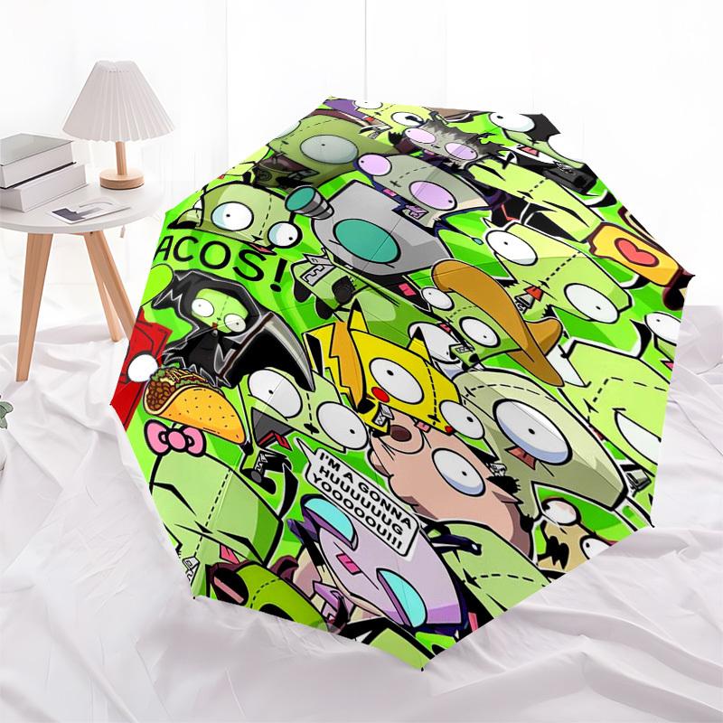 Invader ZimGIR Themed Automatic Opening and Closing Umbrella, Compact Travel Umbrella, Lightweight and Portable, Suitable for Beach Commutin
