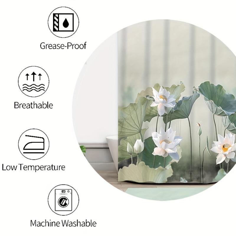 Luxury White Lotus Shower Curtain Set With 12 Free Hooks: Includes A Waterproof Curtain, Non-Slip Bath Mat, Toilet Seat Cover, A