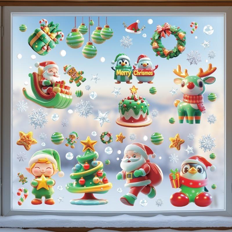 9 Sheetsset Of Christmas Tree Snowman Static Glass Door Stickers Removable Window Stickers New Year Scene Decoration