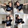 Funny girl navel print short-sleeved T-shirt summer new student black top