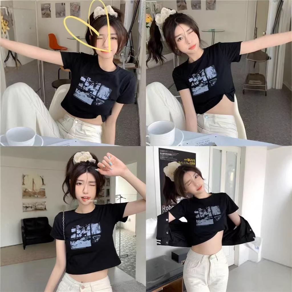 Funny girl navel print short-sleeved T-shirt summer new student black top