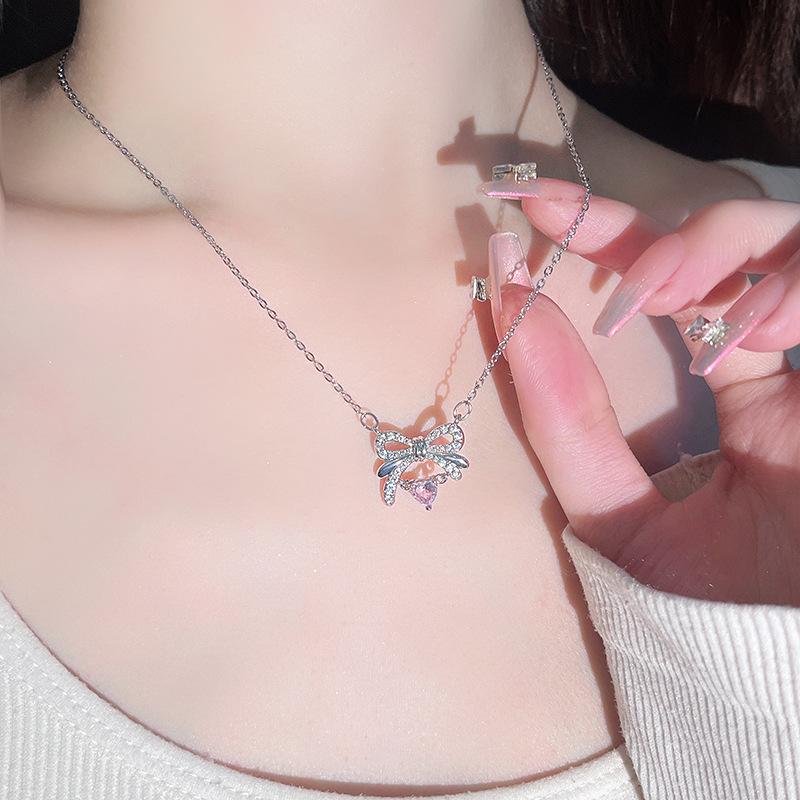 Original Design Heart Bow Necklace Jewelry Femininity Sweet Pink Zirconium Love Stainless Steel Clavicle Chain