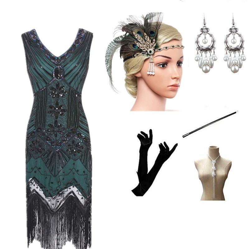 Large Size S-4XL Vintage Dress, Sequined Evening Dress Banquet 1920 Set