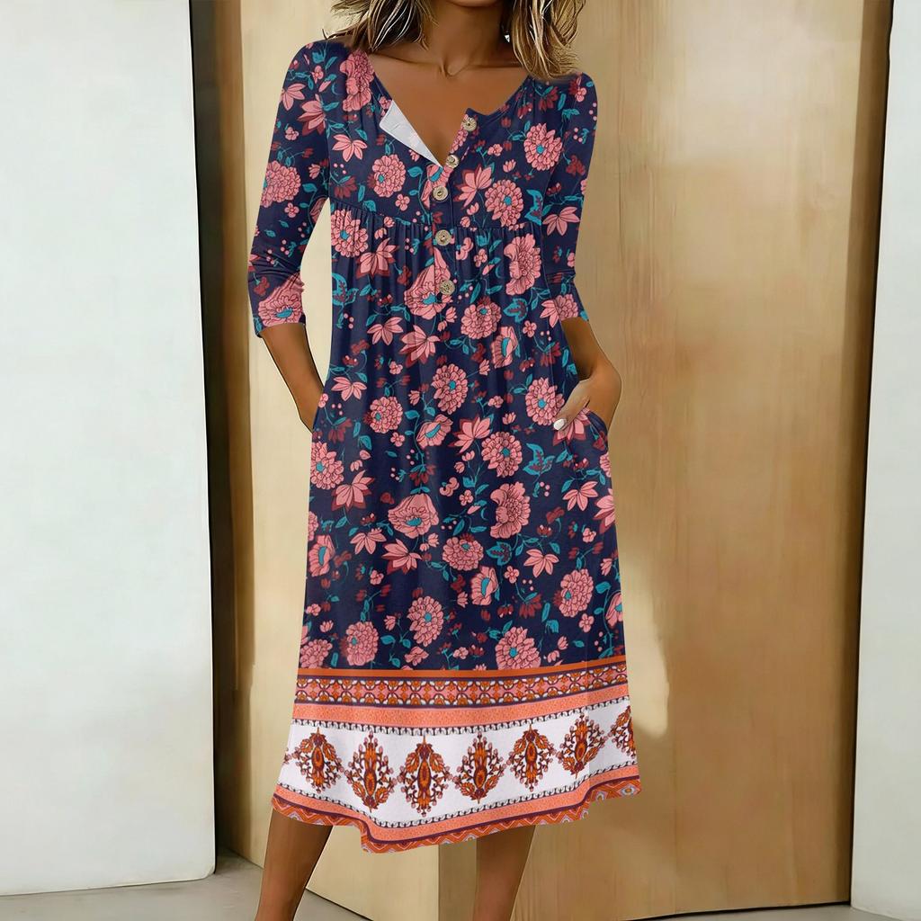 Rochie casual de damă la modă, cu imprimeu colorat, gât rotund, mânecă 3/4, guler cu nasturi, lungime medie