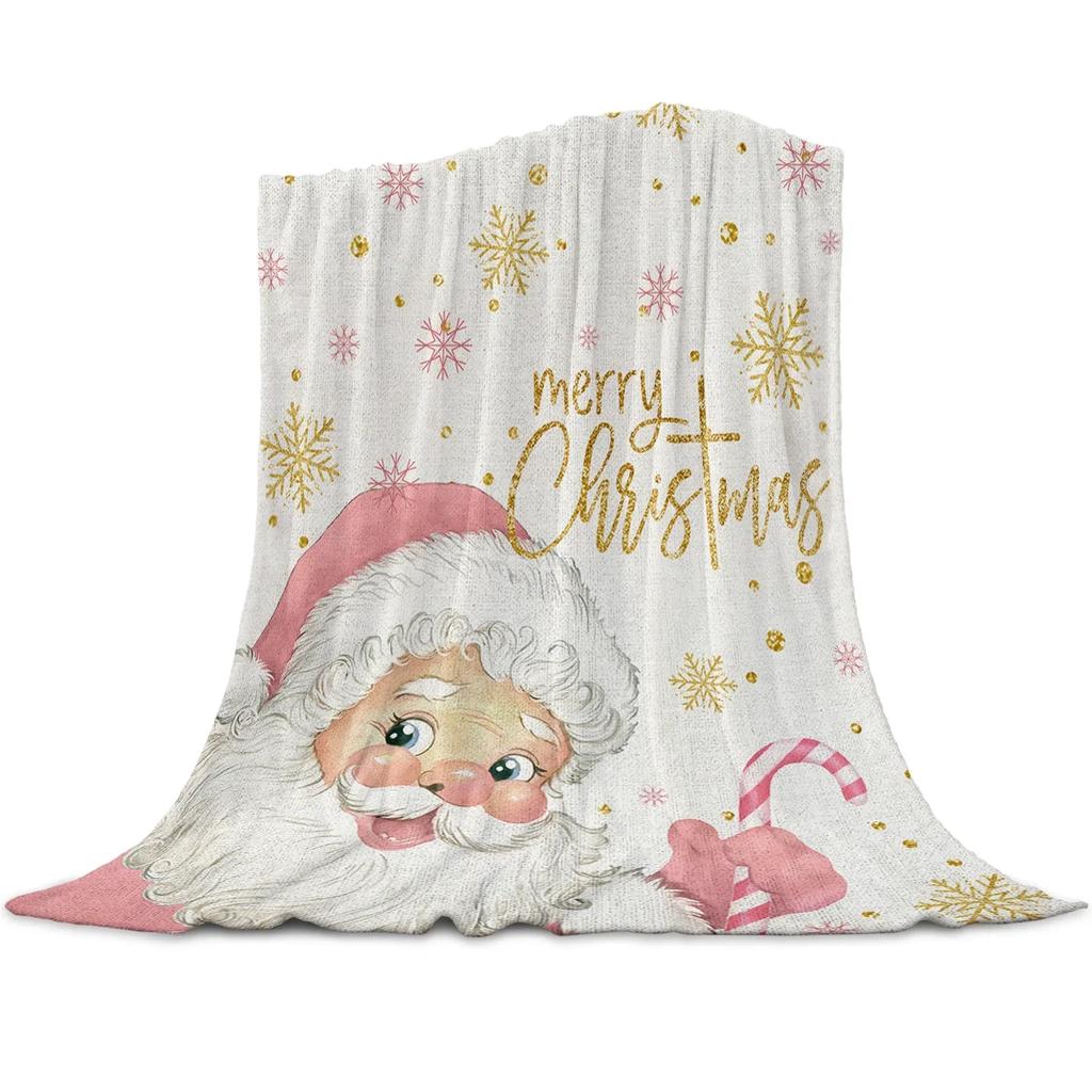 Christmas Pink Santa Claus Snowflakes Throw Blanket Christmas Blanket Soft Plush Warm Sofa Throw Blanket Holiday Gifts