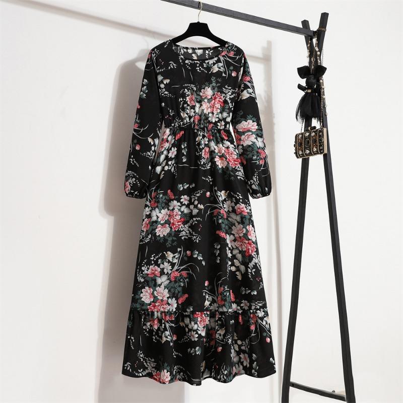 Fashion Long Sleeve Floral Printed Chiffon Dress Women Elegant Loose A-line Casual Long Dress Female High Waist Ruffled Office Lady Dress 1030