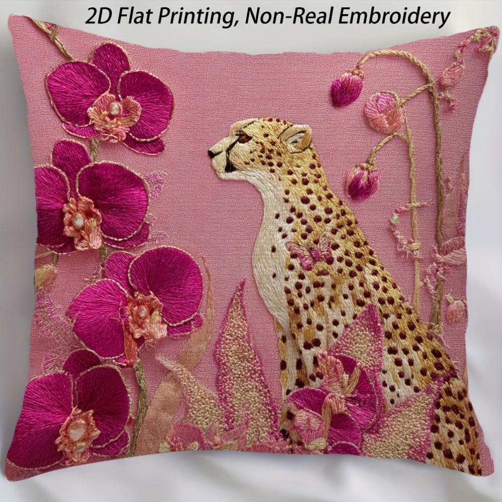 2D Flat- # Pink Cheetah Orchid Floral Throw Pillow Cover 2D Flat Printed Decorative Cushion Case For Home Sofa Bedroom