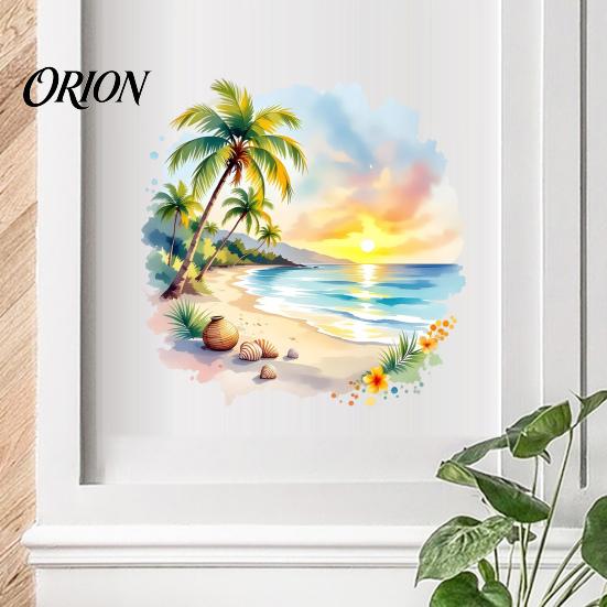 Adesivo Murale Albero di Cocco Acquerello Tramonto Palma Costa Mare, Adesivo Paesaggio Spiaggia Estiva, Regalo Creativo per Amanti della Casa Arte Tropicale Bambini