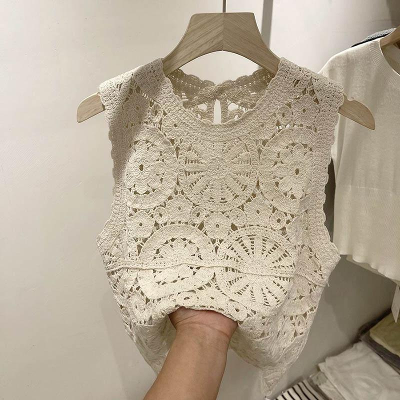 Vest for Women Skeleton Sleeveless Knit Vest Tops Solid Color Casual Lace Camisole Vest