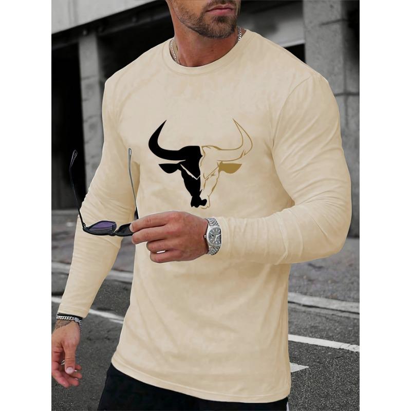 Men's Loose Fit Plus Size Comfortable Casual Sports Bull Pattern Printed Round Neck Long Sleeved T-shirt Top