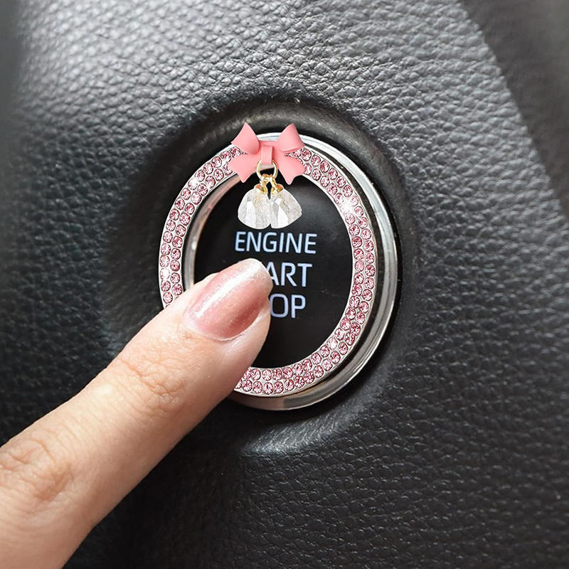 Rhinestone Bow Bell Car Start Switch Button Auto Decorative Diamond Stickers Ring Circle Trims Protective Cover Car Accessories