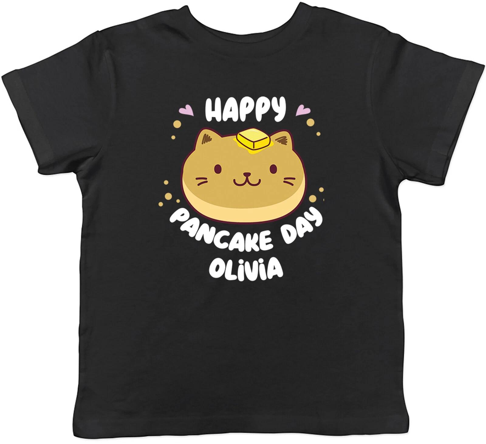 Personalised Happy Pancake Day Kids T-Shirt Any Name Cat Kitten Face Childrens 150