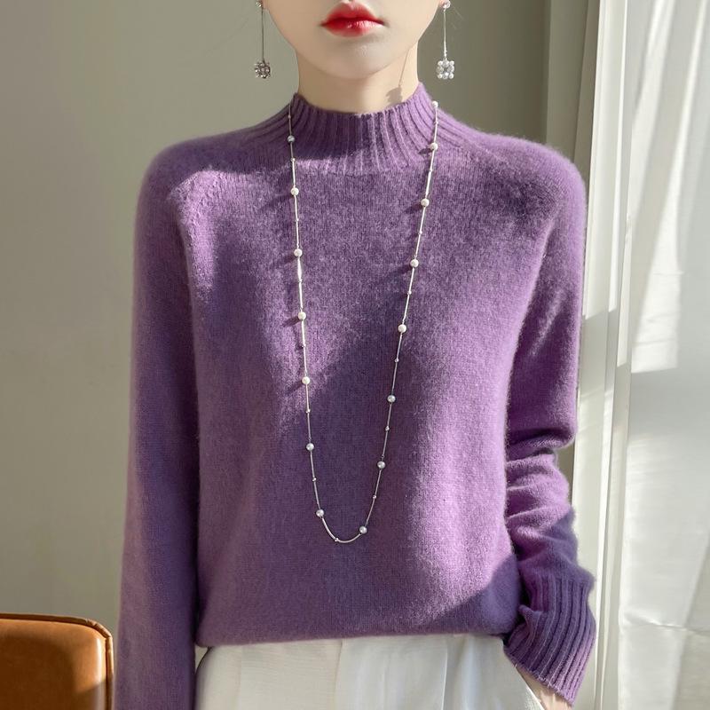 Women's Semi-High Neck Merino Wool Sweater - Autumn/Winter Collection, Versatile Knit Base Layer