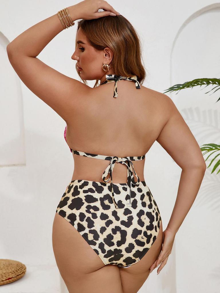 2026 Plus Size Leopard Print Triangle Cup Lace-Up Backless Bikini Set