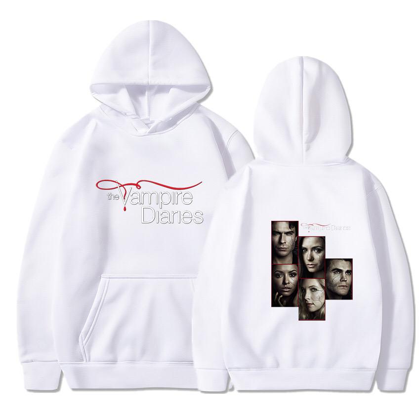 The Vampire Diaries Print Hoodie Unisex Pullover TV Show TVD Damon Stefan Elena Character Graphic Hooded Sweatshirt Casual Long Sleeve Streetwear