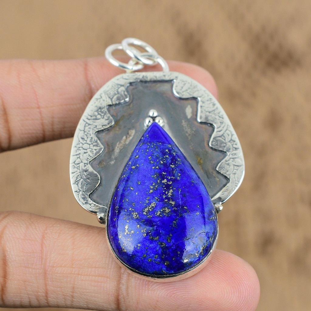 Womens day Deal 925 Silver Pear Natural Lapis Lazuli Handcrafted Mother Pendant
