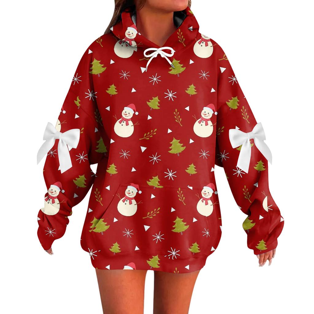 Ladies' Christmas Printed Bow Long Sleeved Loose Fitting Headband With Rope Hooded Sweatshirt Top