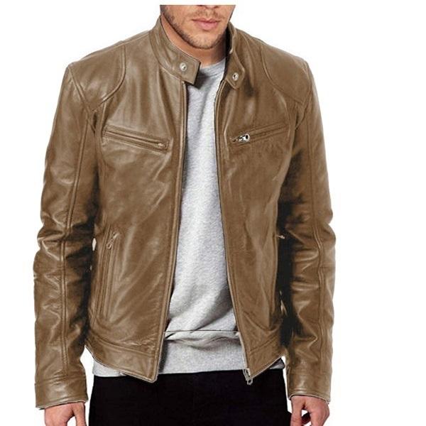 Mens Motorcycle Leather Jacket Slim Fit Short-Coat Lapel PU Jackets Autumn Zipper Stand Windproof Leather Coat Mens Clothing
