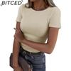 BITCED Women's Short Sleeve Stretch O-Neck Ribbed T-Shirt Fitted Casual Basic Top
