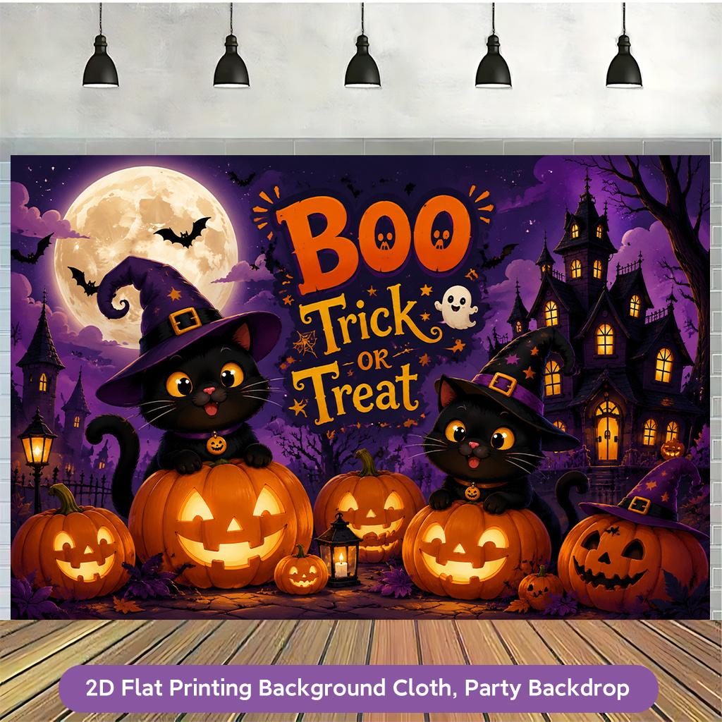 1 piece of 2D flat background fabric 3 polyester banners featuring Halloween black cats and pumpkinszyc