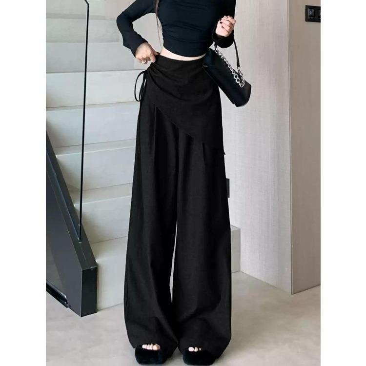 Grey High Waist Wide Leg Pants Women Autumn Split Design Slim Tied Waist Floor Length