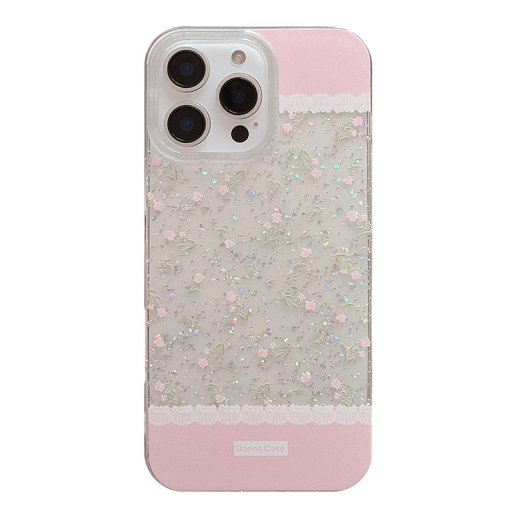 Pink Flower Embroidery Suitable for Apple 16promax Mobile Phone Case 17 Glitter Powder Iphone14 Art 11 Hanging Chain 13