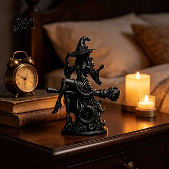 Unique Witch Gift for Her Gothic On Broom Statue, 3D Printed Spooky Tabletop Figurine Home Office Ornament Party, Black Halloween Desk Decor