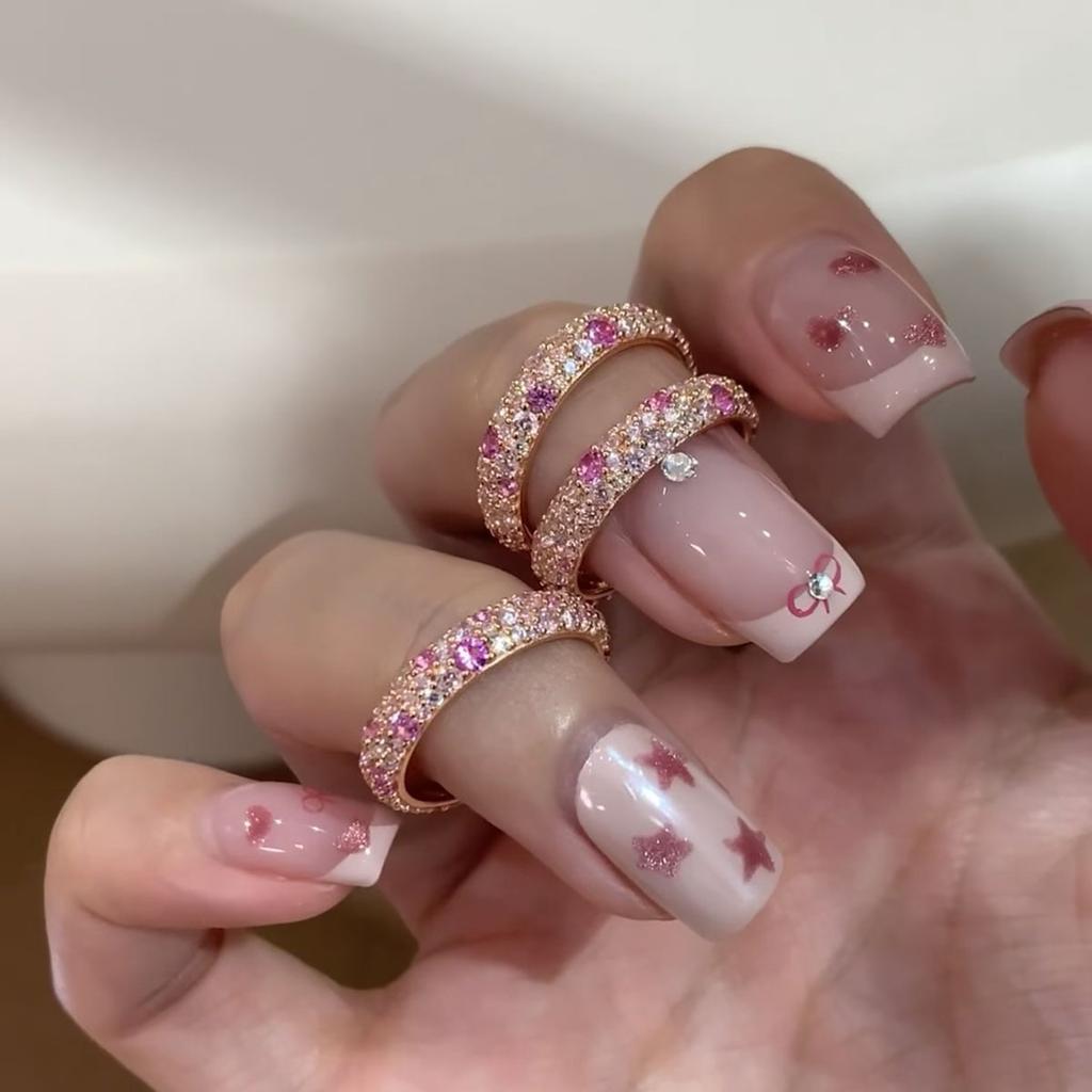 Rose Gold Gradual Change Peach Pink White Diamond Dense Inlaid Beads Stacked Ring Elegant Light Luxury High Sense Ring