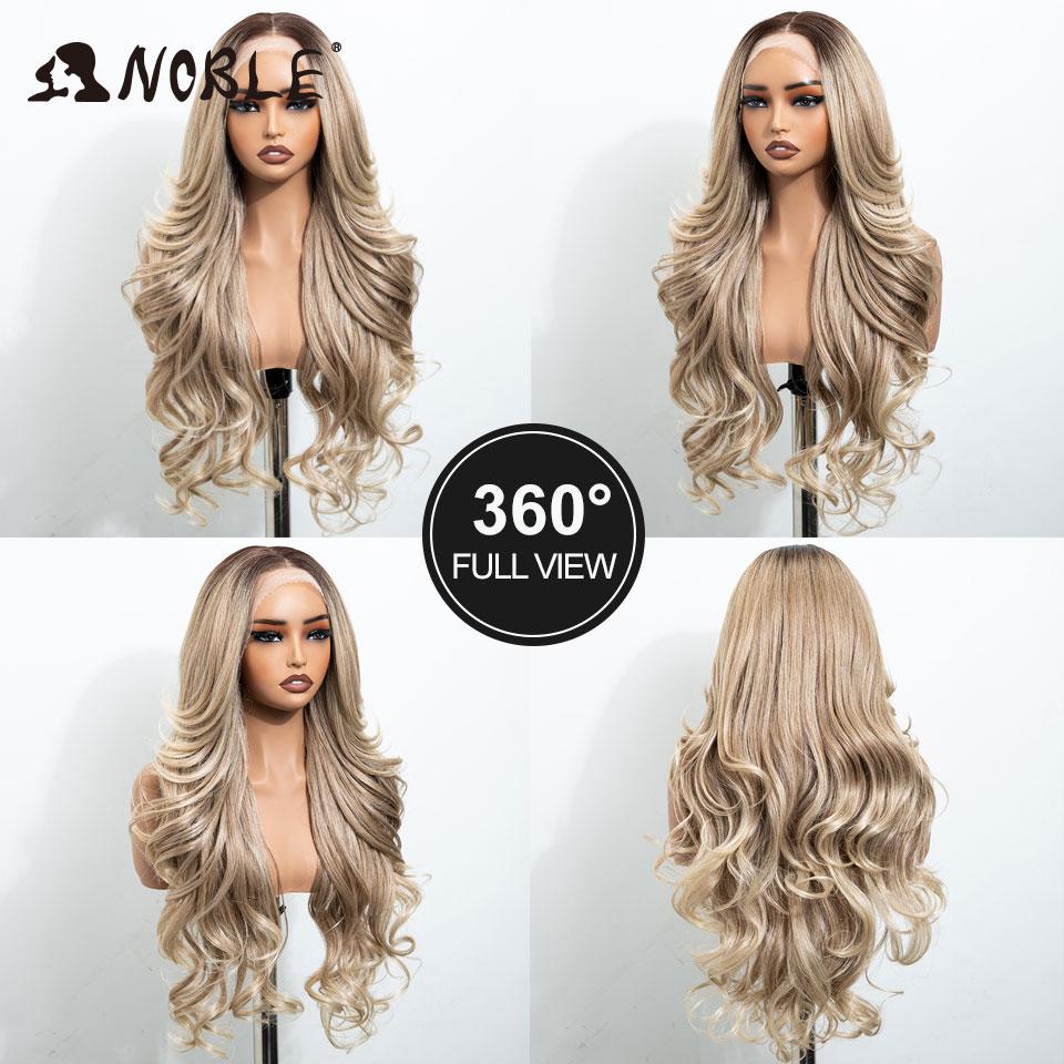 Noble Synthetic Lace Front Wigs For Women 28 Inch Curly Ash Blonde Highlight 13x4 Body Wave Silk Base Lace Wig Cosplay Daily Wig
