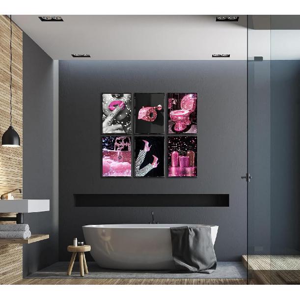 6Pcs Fashion Bathroom Canvas Wall Art Black and Pink Glam Glitter Tissue Funny Modern Women Painting Pictures Wall Decor Poster Print Artwork for