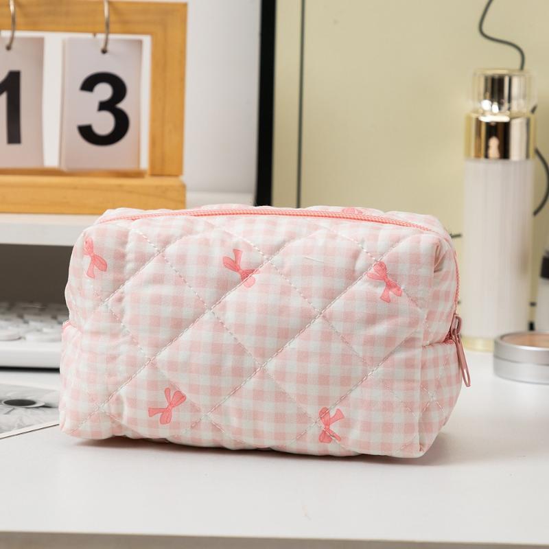 Fresh Plaid Bow Cosmetic Storage Bag Large Capacity Portable Makeup Bag Travel Wash Bag Organizer Pouch