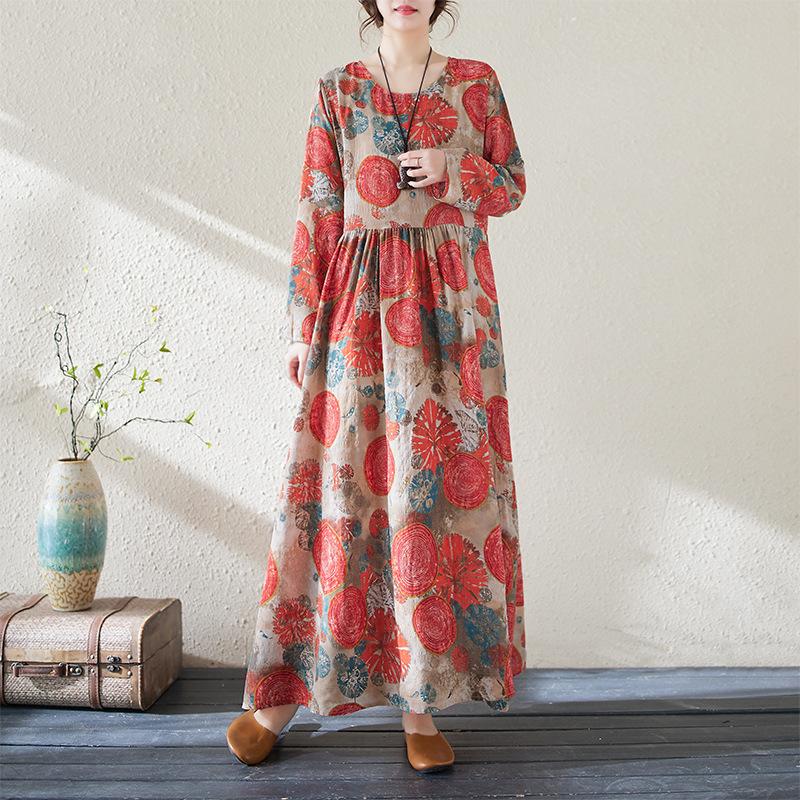 Bahar Çiçek Baskı Yuvarlak Boyun Retro Gevşek Uzun Elbise Yeşil Mavi Uzun Kollu Pamuk Keten Elbise Kadın Giyim