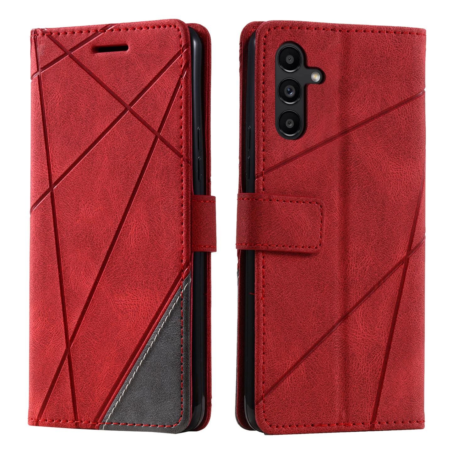 

For Samsung Galaxy A54 5G Case Phone Leather Cover Lines Imprinted Splicing Design Red