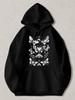 Black Pullover Hoodie with White Moth and Butterfly Print Celestial Starry Night Graphic Sweatshirt Unisex Casual Streetwear Top F