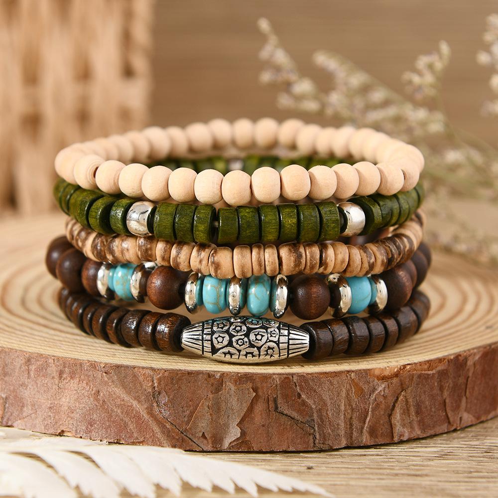 

Элегантный бирюзовый браслет в стиле бохо для женщин, многослойный комплект украшений из натурального камня и дерева для мужчин, праздничные украшения Five-piece wooden bead bracelet