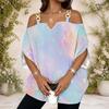 Damen Übergröße Off-Shoulder Träger mit Metallschnalle V-Ausschnitt Kurzarm Holografischer Regenbogen-Print Oberteil