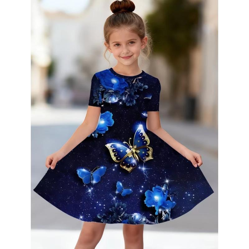 Dress for Girls Beautiful Butterfly Short Sleeve Dress Summer Loose Girls' Casual Dress Round Neck Hot Sale Girl Clothes