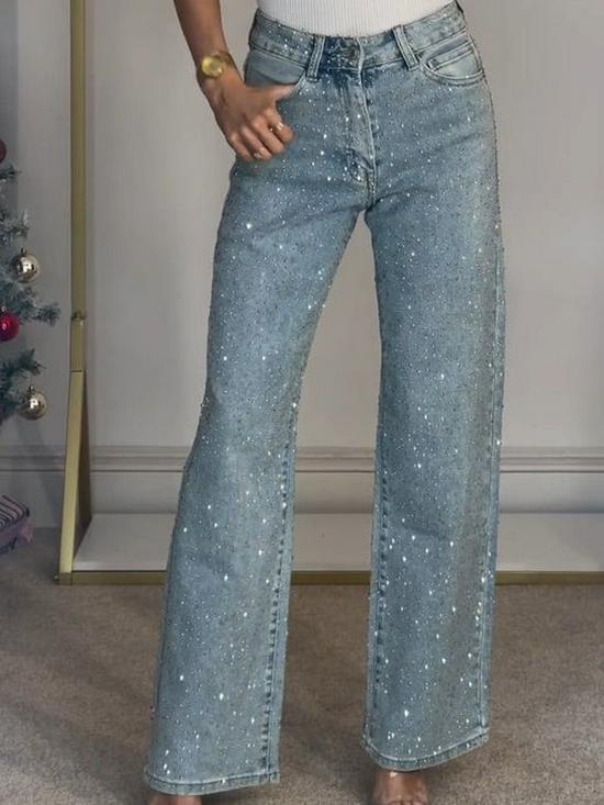 Women's Full Diamond Washed High-Waisted Straight-Leg Denim Pants
