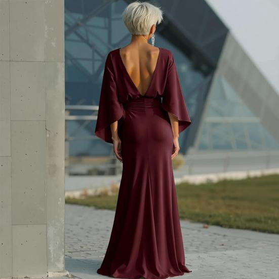 Dames Geplooide Bootnek Bruiloftsgast Jurk, Backless Vleermuis 3/4 Mouw Bodycon Lange Jurk, Formele Feest Cocktail Prom Jurk