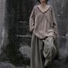 Johnature Dámská Vintage Patchworková trička s výstřihem do V Dlouhý rukáv Jednobarevná Podzimní trička Volná Bavlna Len Dámská trička