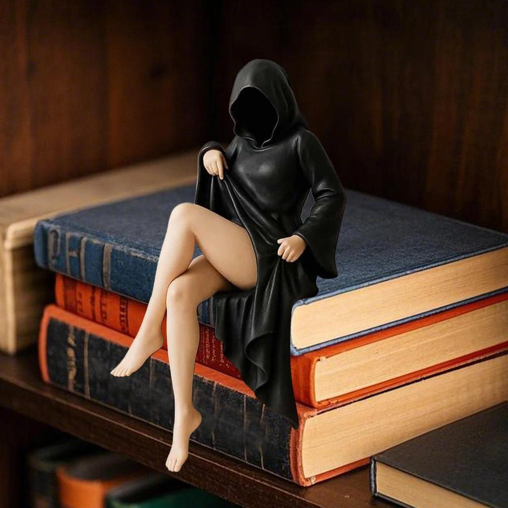 3D Handmade Resin Death Black Robe Bookshelf Figure Sitting Mysterious Statue Gothic Spooky Display Sculpture Desktop Home Decor